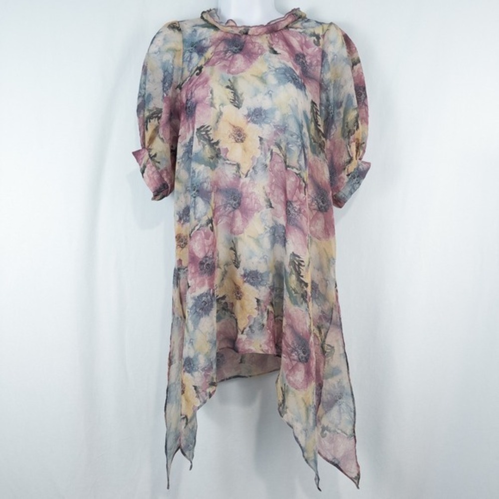 Pretty Angel Sheer Floral Asymmetric Tunic Silk Blend Small Fairy Ethereal Artsy